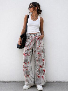 11KN BRAND Cyber Y2K Multi-Pocket Stacked Cargo Jeans Unisex Wide Leg Graffiti